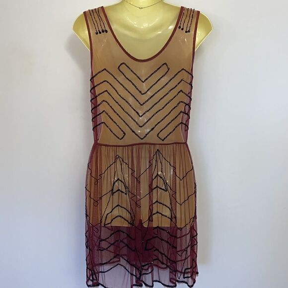 Free People  Dress Wine Mesh Beaded Sheer Net Dress Excellent Size Small - Picture 6 of 8